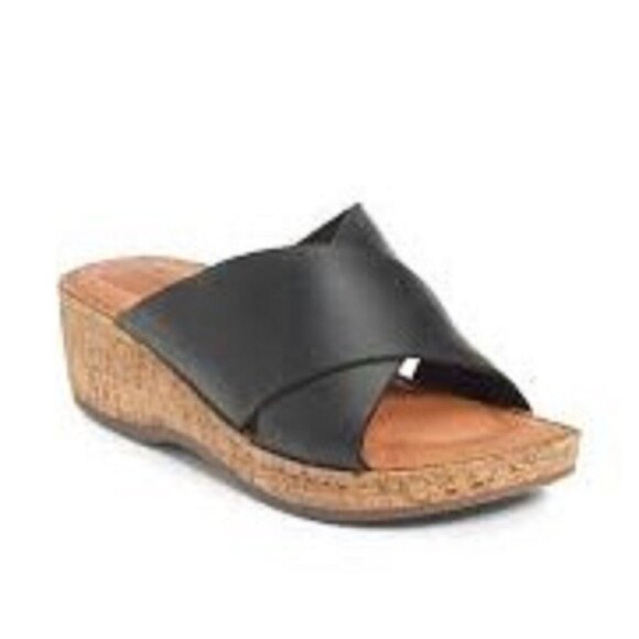 Born Lola Comfort Slide Sandals Black Leather Criss Cross Cork Wedge - Picture 1 of 12